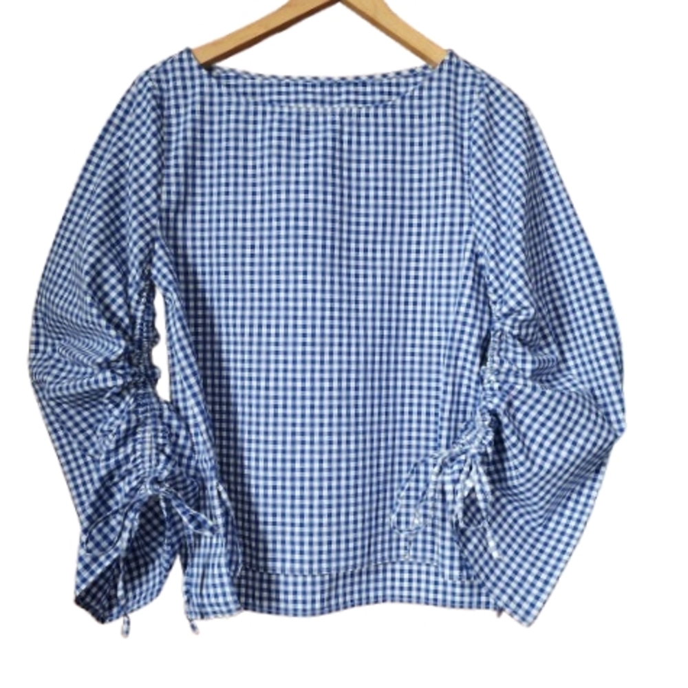 Womens SP Blue Gingham Check Cottagecore Coquette Oversized Bow Top